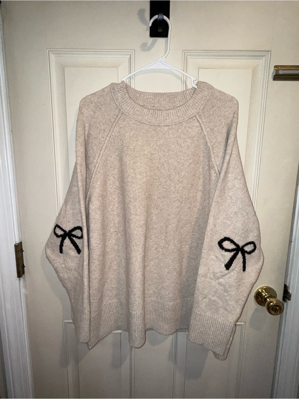 Women's Cream Bow Elbow-Patch Sweater